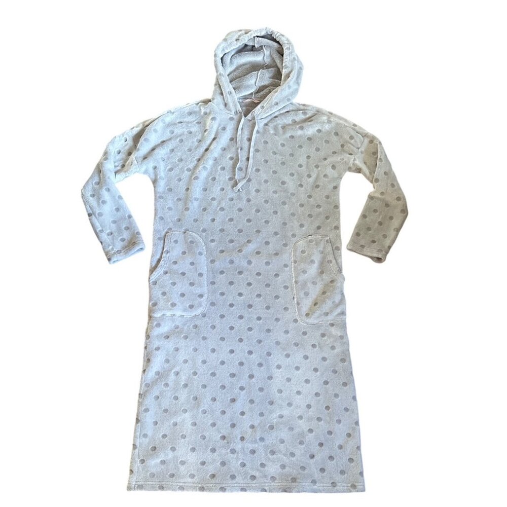 La Vie En Rose Nightgown MED Hooded Gray Polka Dot Plush Lounge Dress Pockets